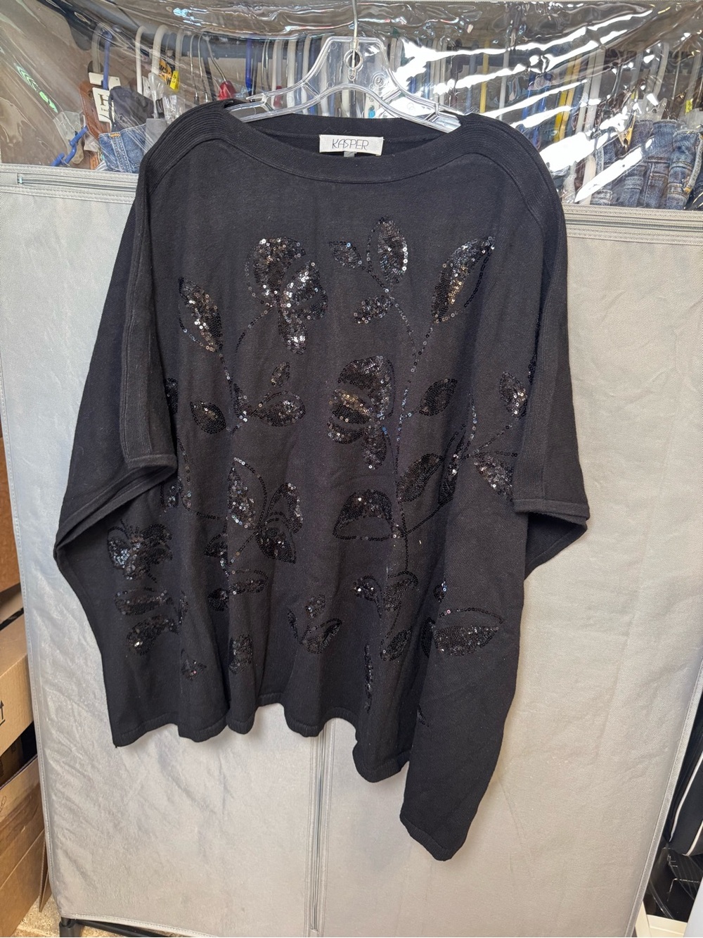 Kasper Black Sequin Leaf Embellished Pullover Sweater- Size L/XL